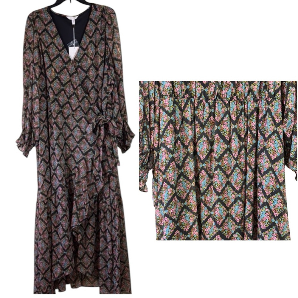 Lauren Conrad Dress Black Boho Multi Floral Maxi Wrap High Low in‎ Size 4X  NWT
